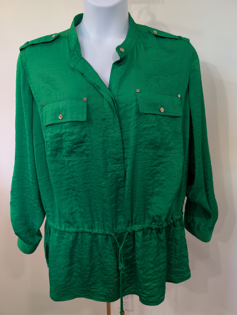1017 Michael Kors - Green Button Front Drawstring Tunic Blouse Womens Size 2X
